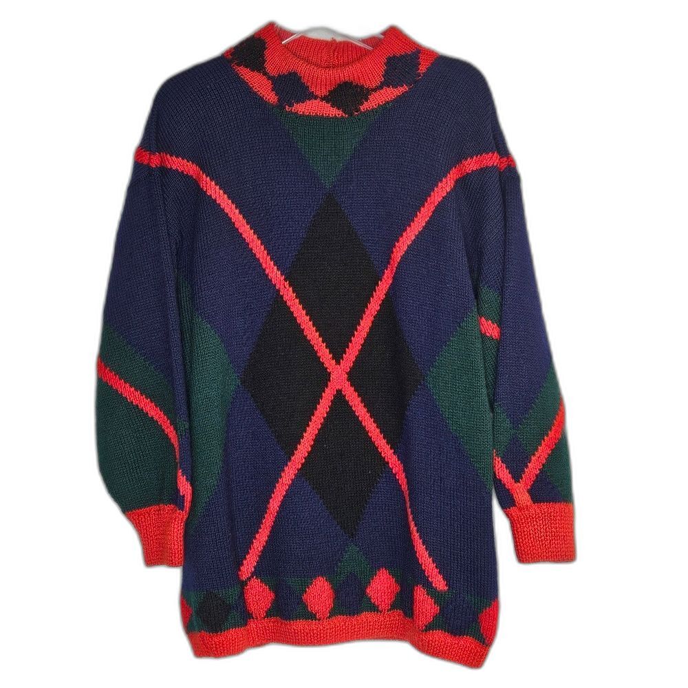 Vintage 1987 Berek Hand Knit Uruguay Wool Blue Red Argyle Alpine Tunic Sweater